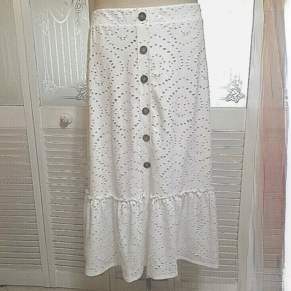 Cato White Button-Front Eyelet Maxi Skirt